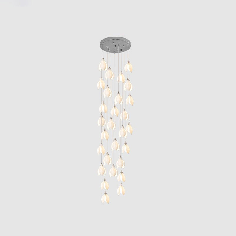 Bloom Ceramic Floral Pendant Light with White Porcelain Flower Buds and Brass Accents