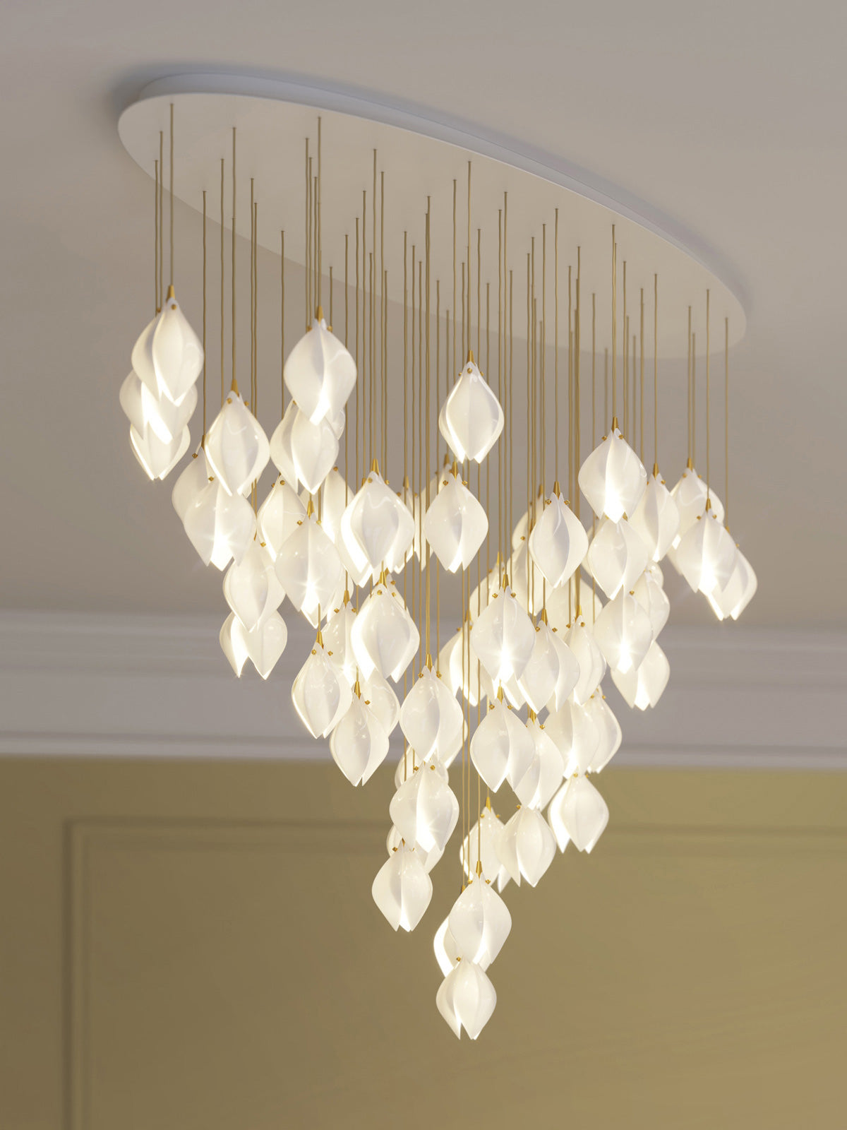 Bloom Ceramic Floral Pendant Light with White Porcelain Flower Buds and Brass Accents