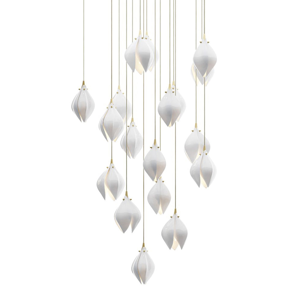 Bloom Ceramic Floral Pendant Light with White Porcelain Flower Buds and Brass Accents