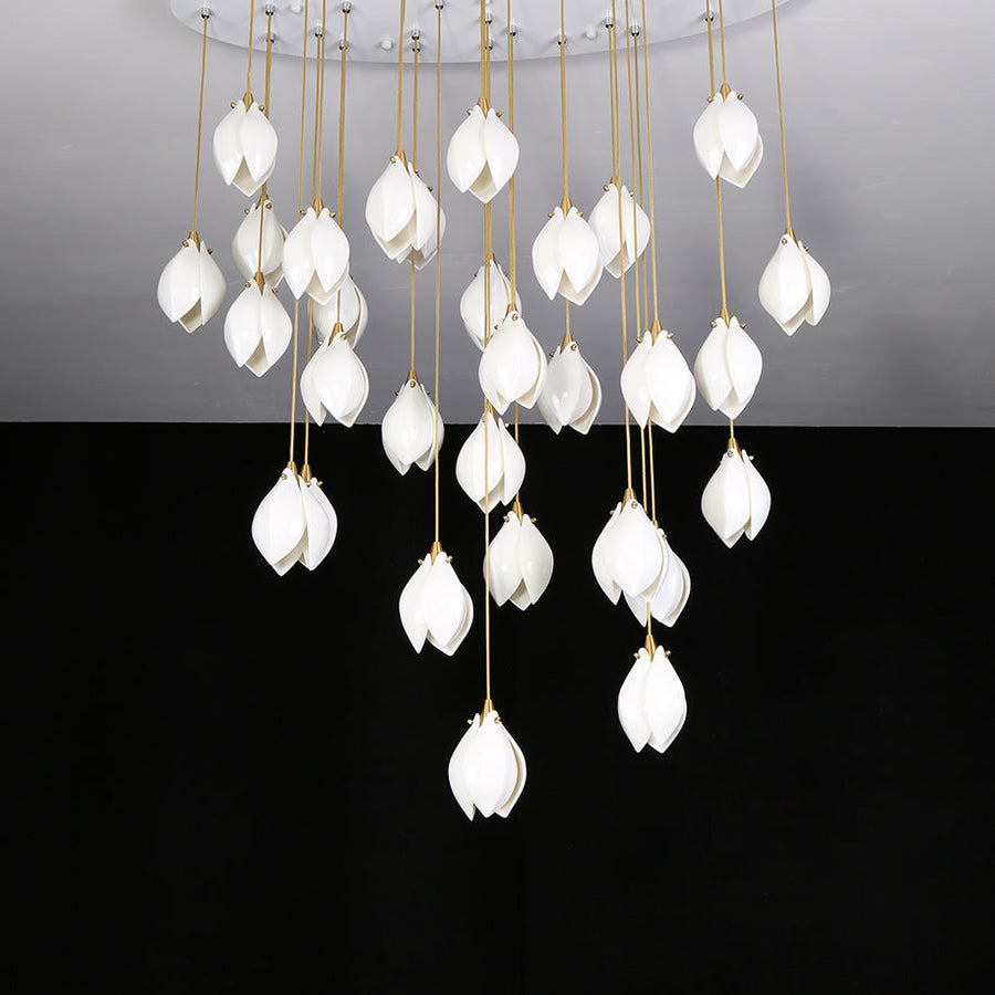 Bloom Ceramic Floral Pendant Light with White Porcelain Flower Buds and Brass Accents