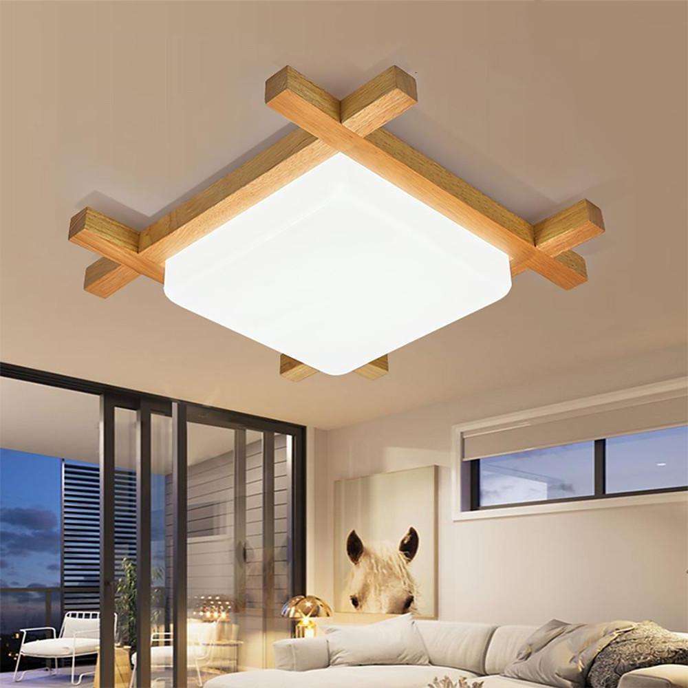 Square Natural Wood LED Flush Mount Ceiling Light Dimmable Modern Nordic Fixture for Home
