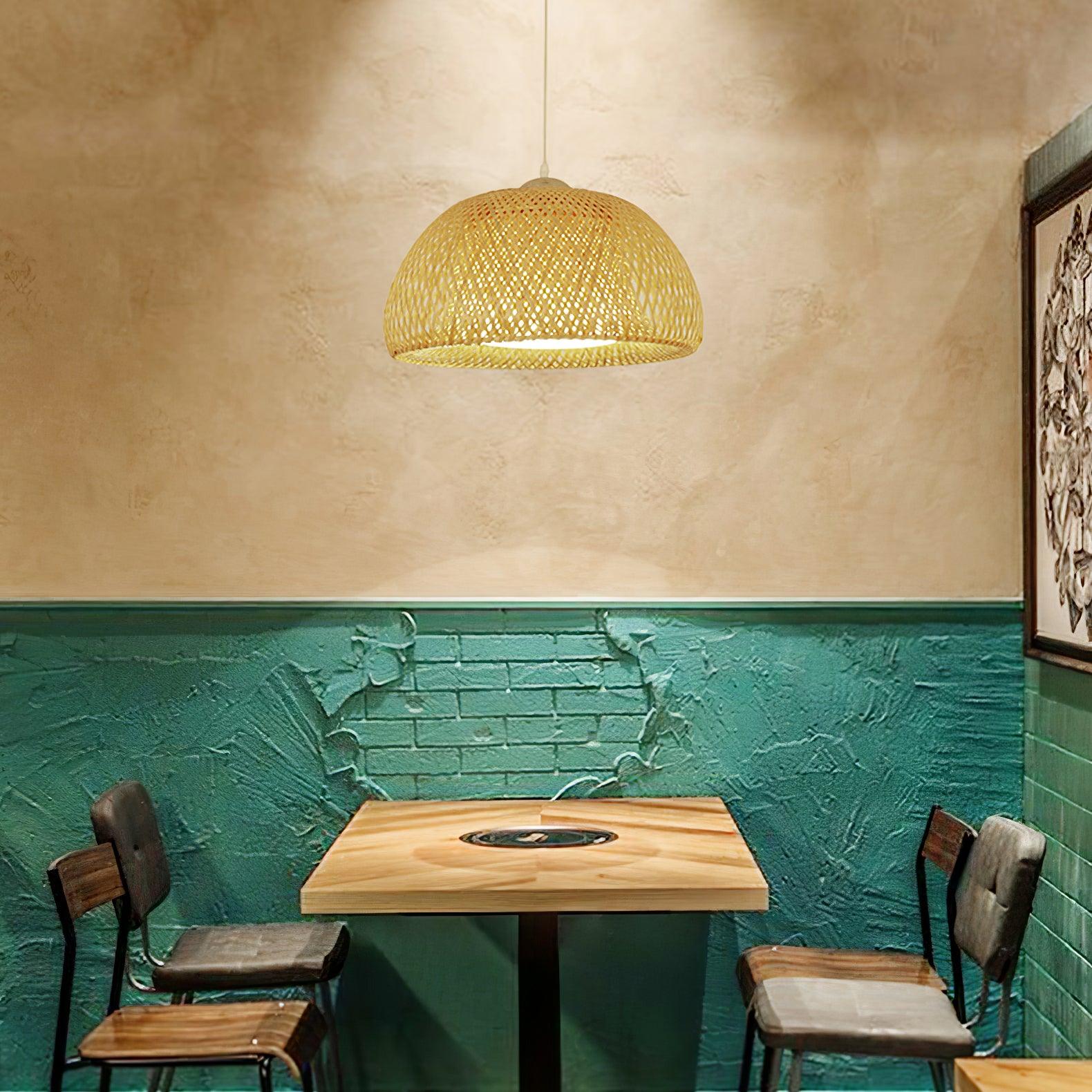 Bohemian Rattan Dome Ceiling Lamp with Hand Woven Bamboo Shade for Home Decor