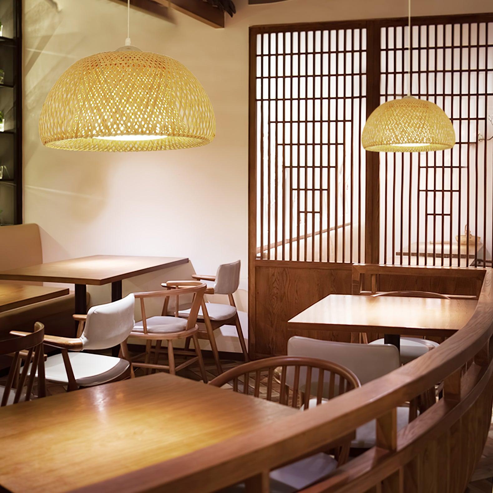 Bohemian Rattan Dome Ceiling Lamp with Hand Woven Bamboo Shade for Home Decor