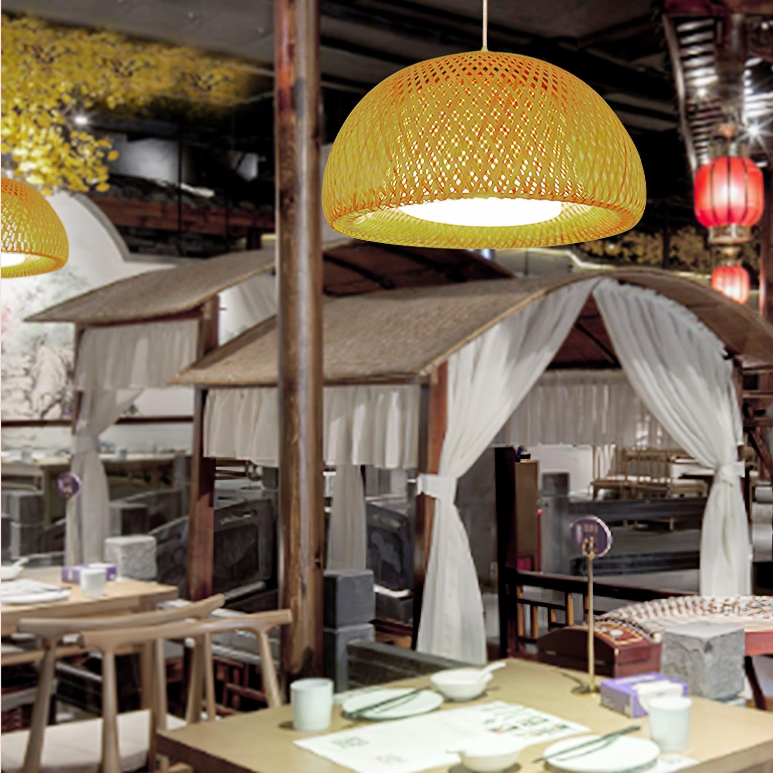 Bohemian Rattan Dome Ceiling Lamp with Hand Woven Bamboo Shade for Home Decor