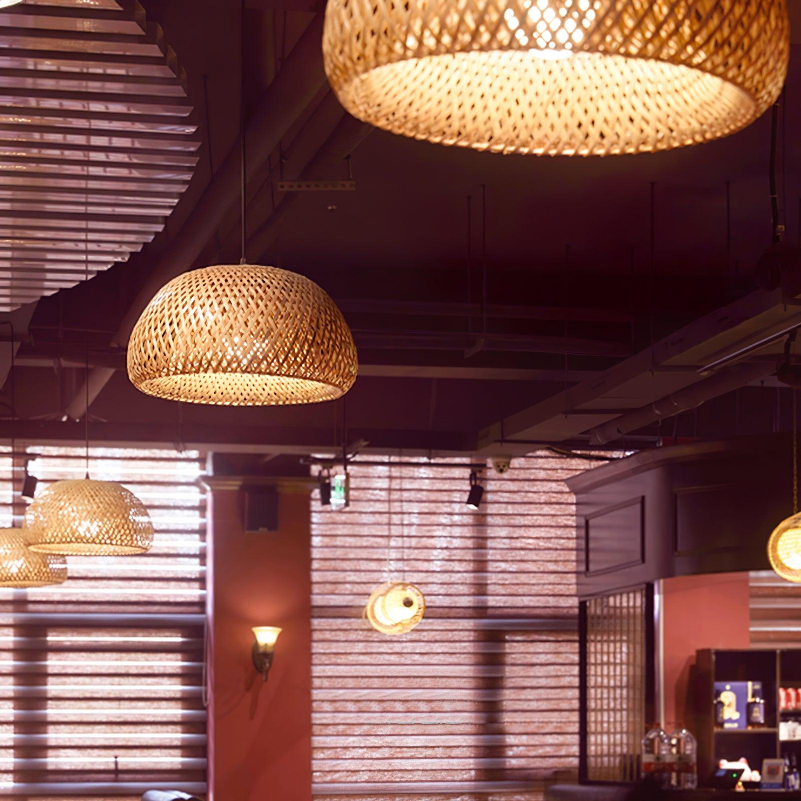 Bohemian Rattan Dome Ceiling Lamp with Hand Woven Bamboo Shade for Home Decor