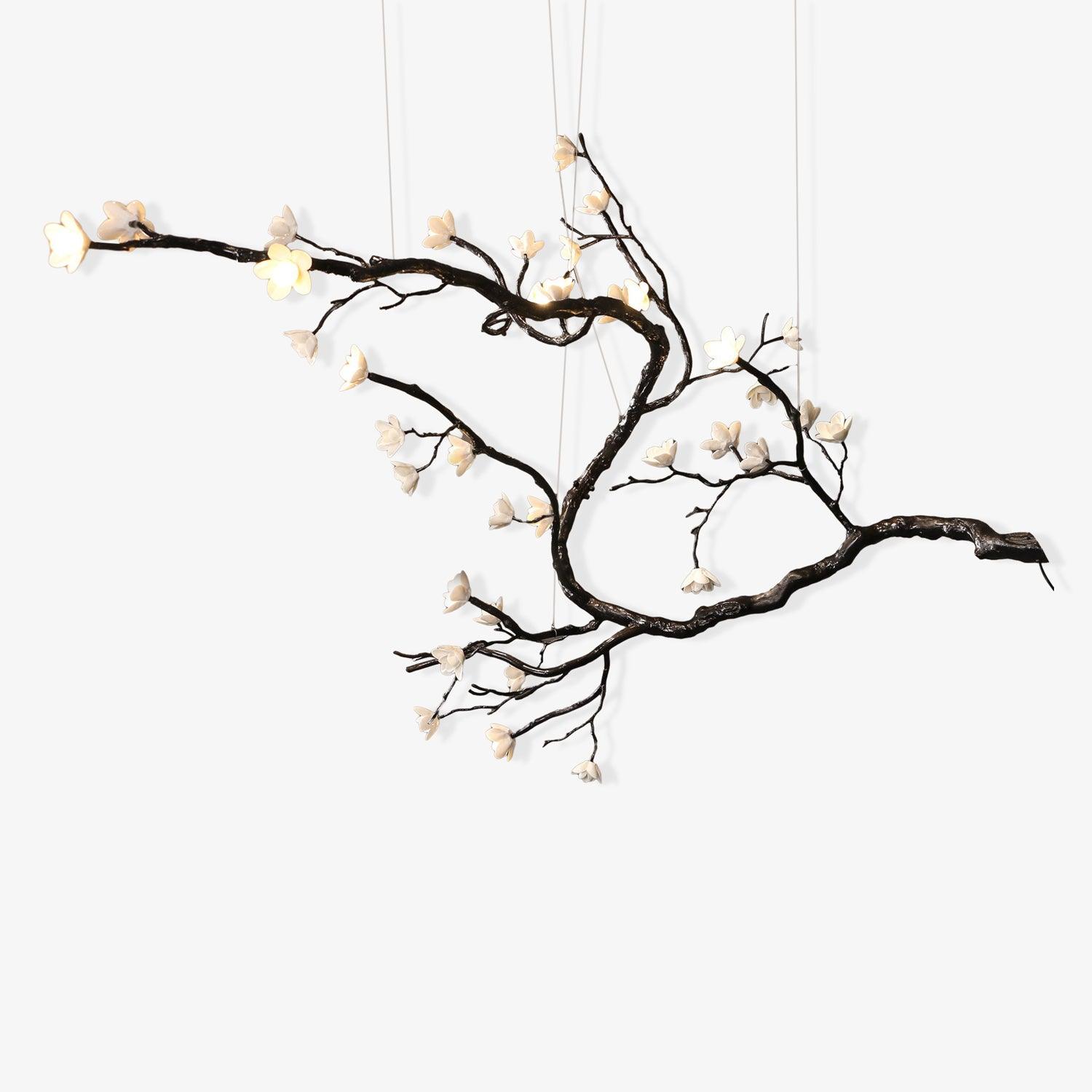 Botanical Ceramic Flower Branch Chandelier Elegant Brass Black Finish Large Pendant Light