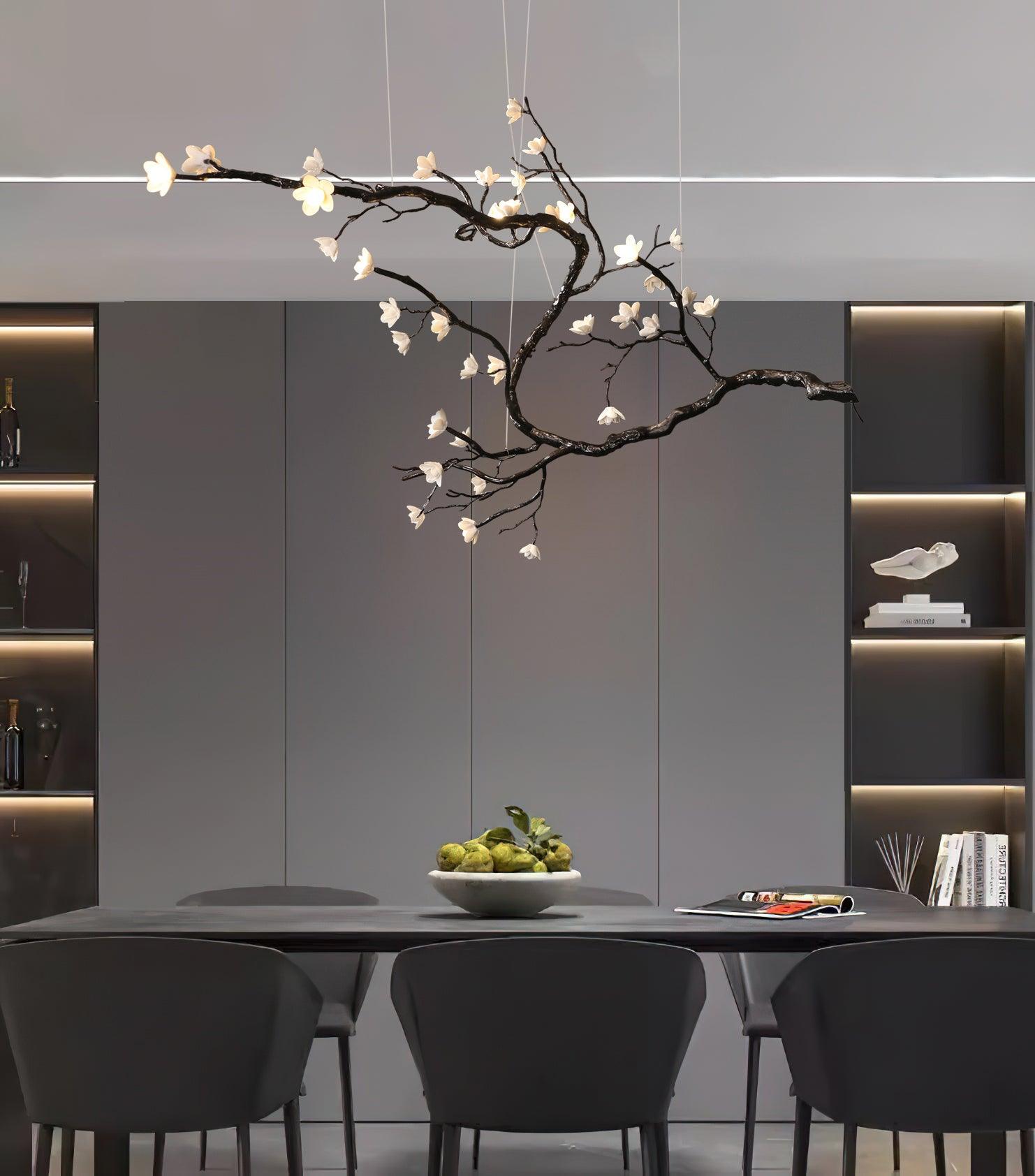 Botanical Ceramic Flower Branch Chandelier Elegant Brass Black Finish Large Pendant Light