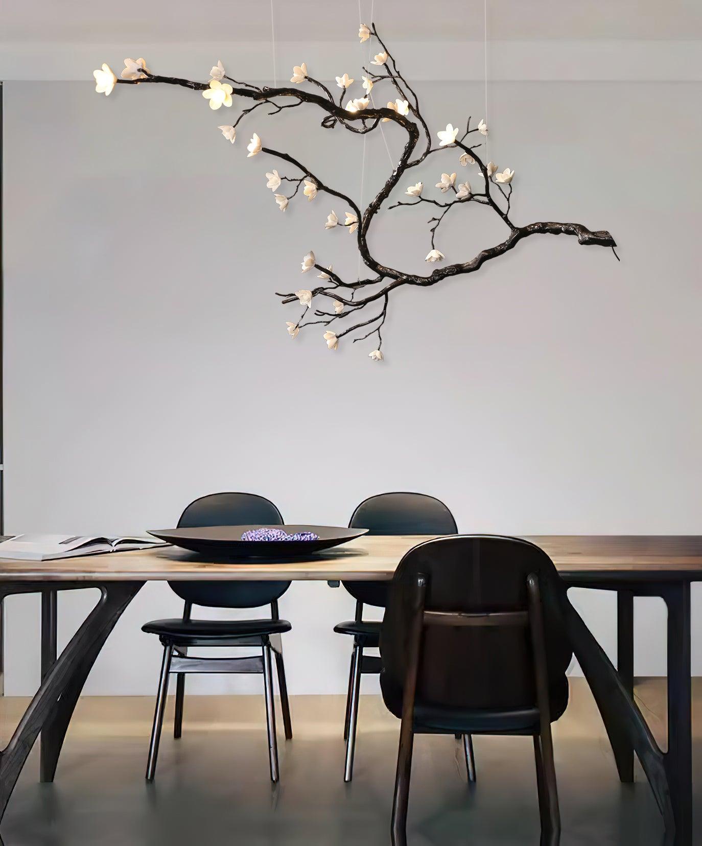 Botanical Ceramic Flower Branch Chandelier Elegant Brass Black Finish Large Pendant Light