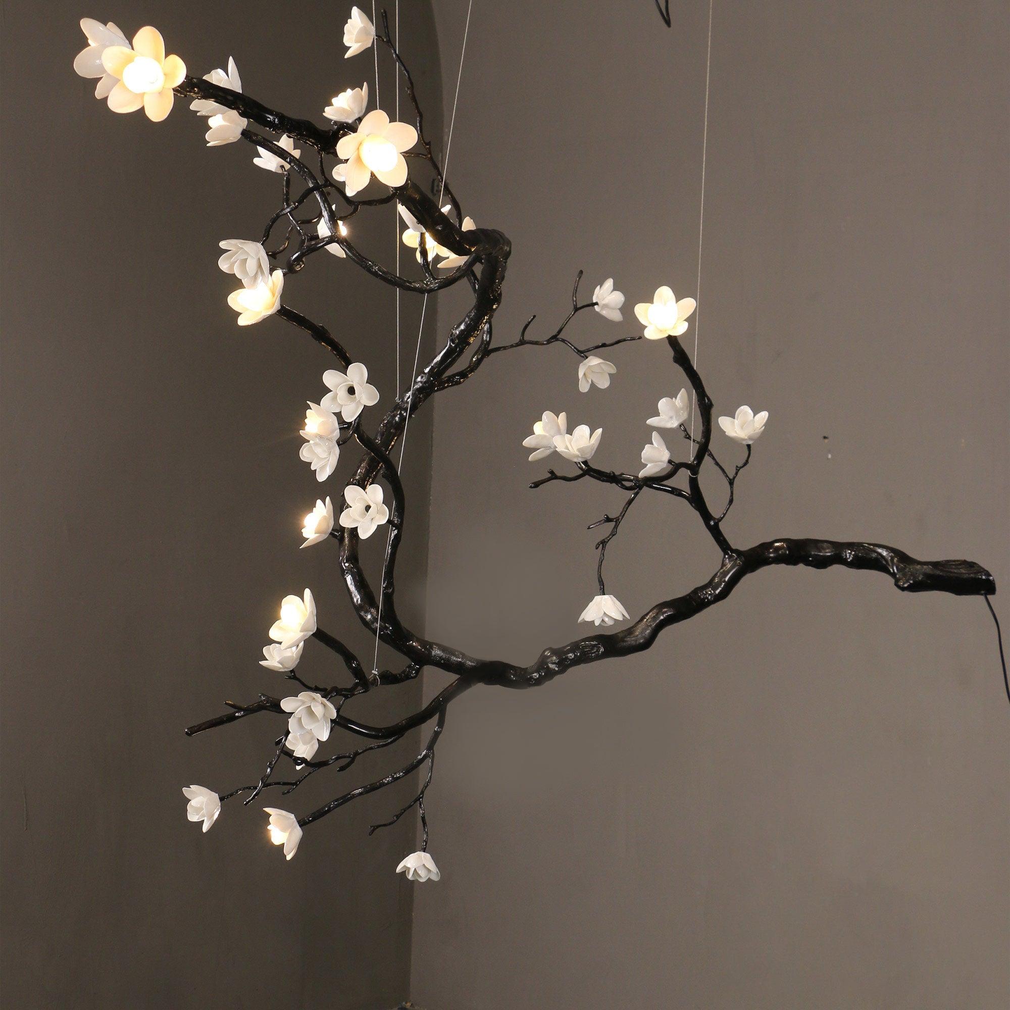 Botanical Ceramic Flower Branch Chandelier Elegant Brass Black Finish Large Pendant Light