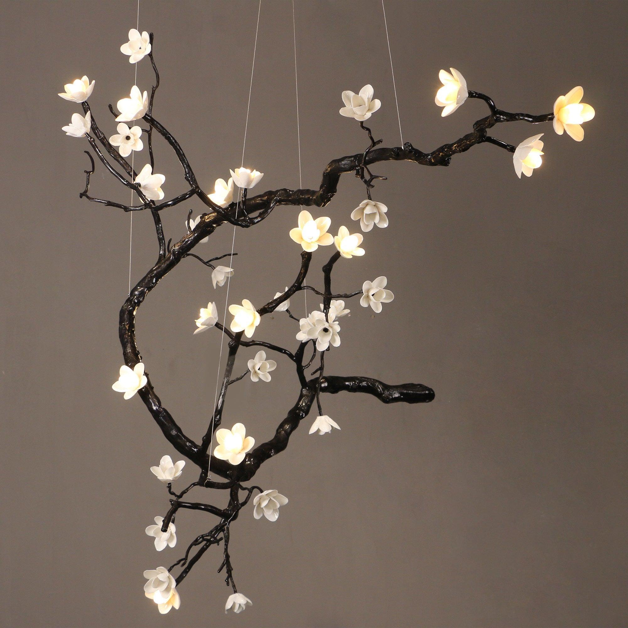 Botanical Ceramic Flower Branch Chandelier Elegant Brass Black Finish Large Pendant Light