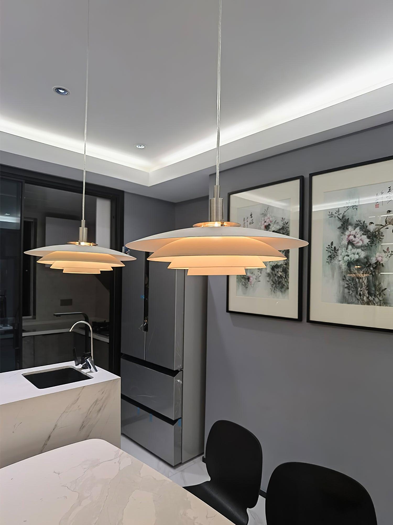 Bretagne Modern Architectural Multi Layered Metal Pendant Light Chrome and White Hanging Ceiling Lamp