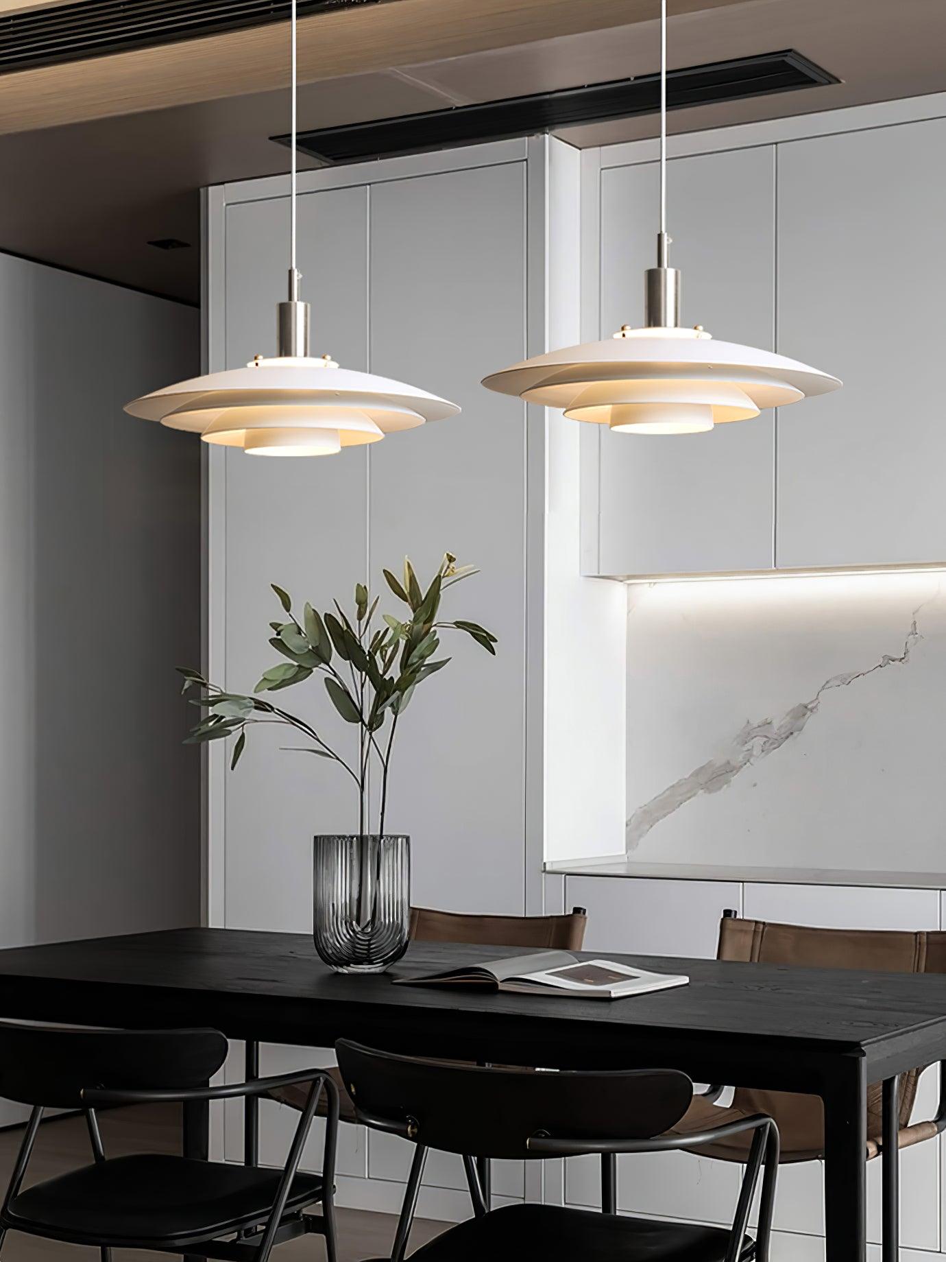 Bretagne Modern Architectural Multi Layered Metal Pendant Light Chrome and White Hanging Ceiling Lamp