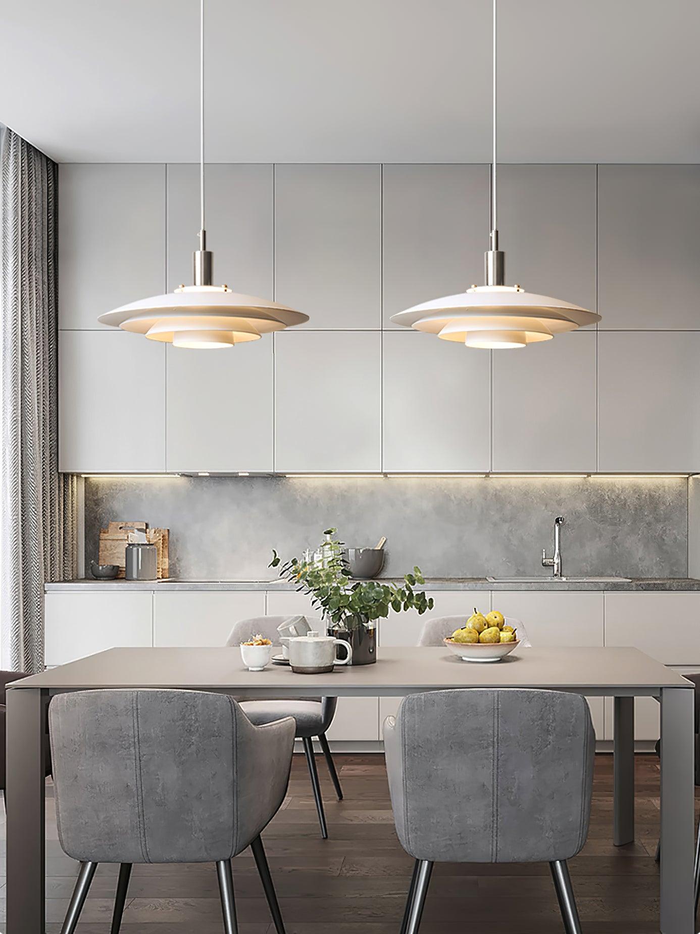 Bretagne Modern Architectural Multi Layered Metal Pendant Light Chrome and White Hanging Ceiling Lamp