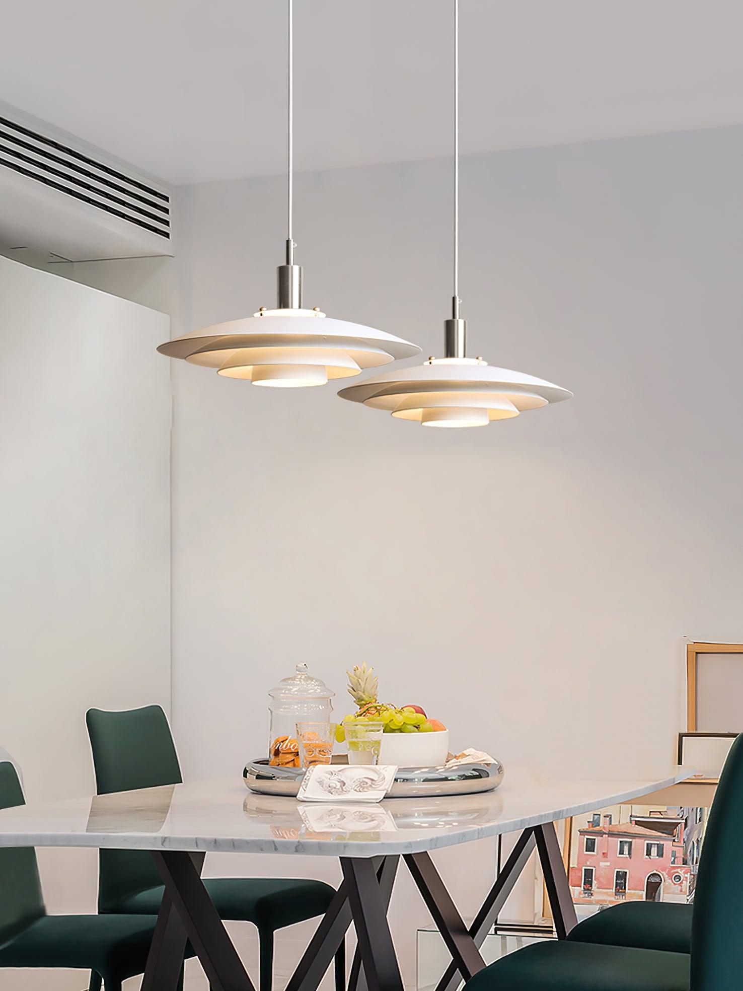 Bretagne Modern Architectural Multi Layered Metal Pendant Light Chrome and White Hanging Ceiling Lamp
