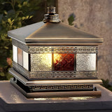Bronze Copper Square Outdoor Pillar Light Solar or Hardwired Exterior Column Lamp with Glass Shade