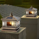 Bronze Copper Square Outdoor Pillar Light Solar or Hardwired Exterior Column Lamp with Glass Shade