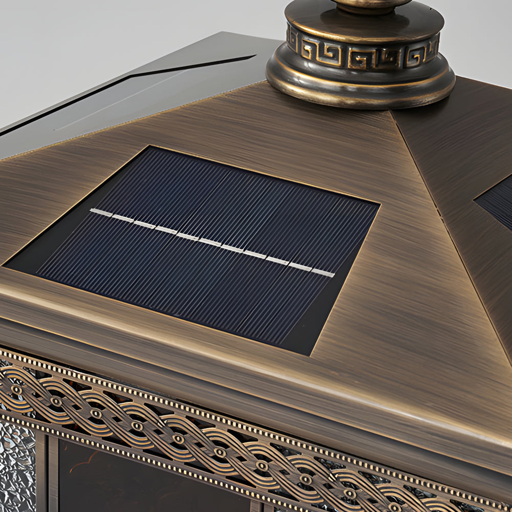Bronze Copper Square Outdoor Pillar Light Solar or Hardwired Exterior Column Lamp with Glass Shade
