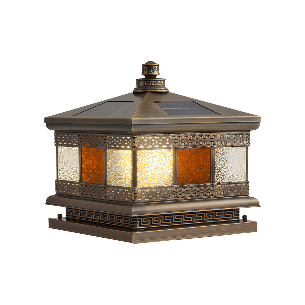 Bronze Copper Square Outdoor Pillar Light Solar or Hardwired Exterior Column Lamp with Glass Shade