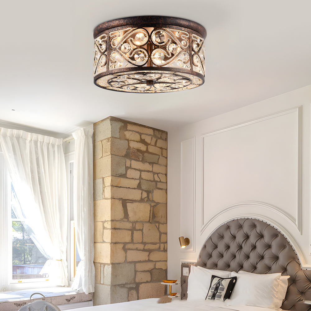 Bronze Crystal Flush Mount Ceiling Light 13 Inch Drum Shape 3 Light Fixture for Hallway and Dining Room