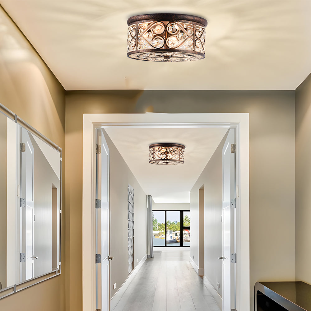 Bronze Crystal Flush Mount Ceiling Light 13 Inch Drum Shape 3 Light Fixture for Hallway and Dining Room