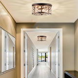 Bronze Crystal Flush Mount Ceiling Light 13 Inch Drum Shape 3 Light Fixture for Hallway and Dining Room