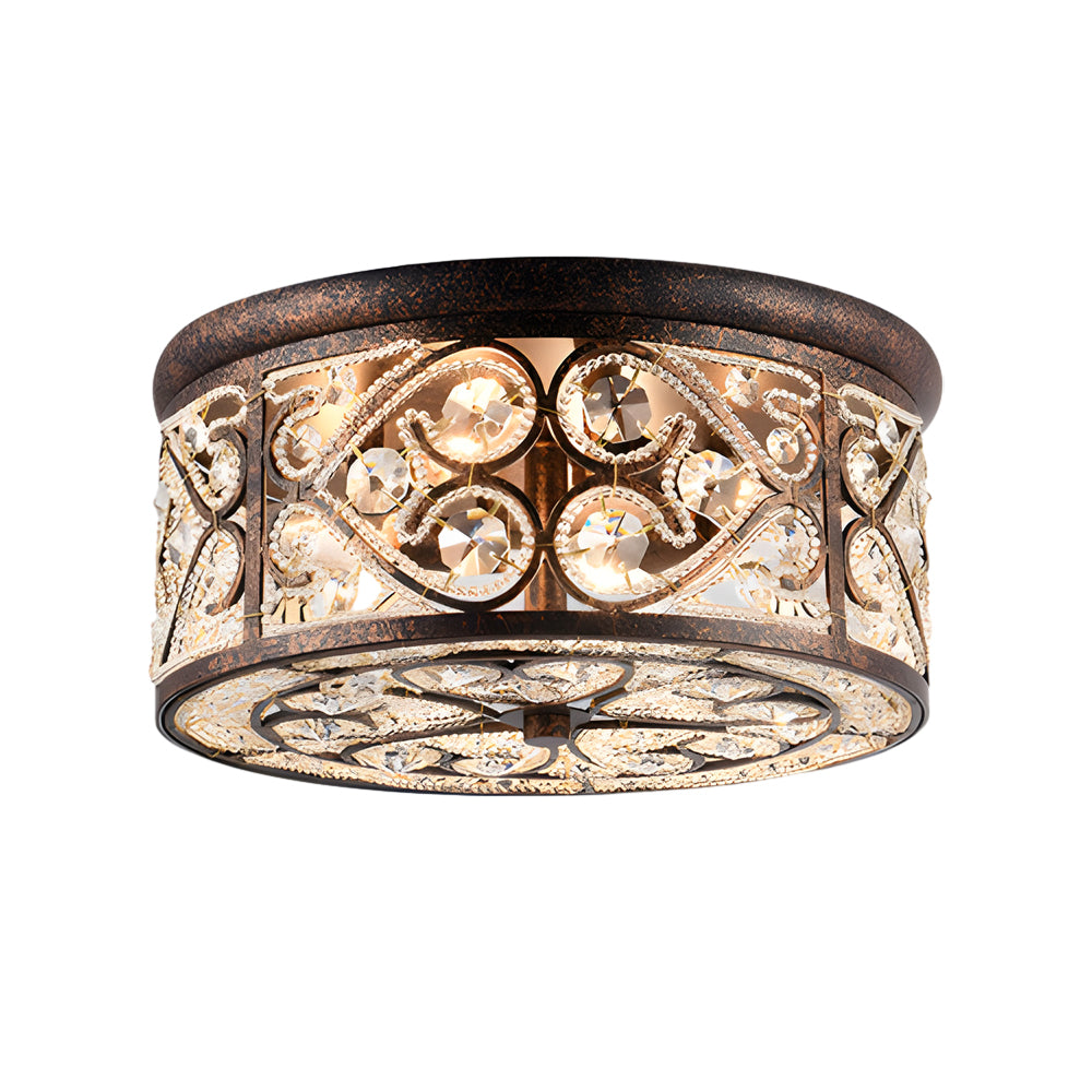 Bronze Crystal Flush Mount Ceiling Light 13 Inch Drum Shape 3 Light Fixture for Hallway and Dining Room