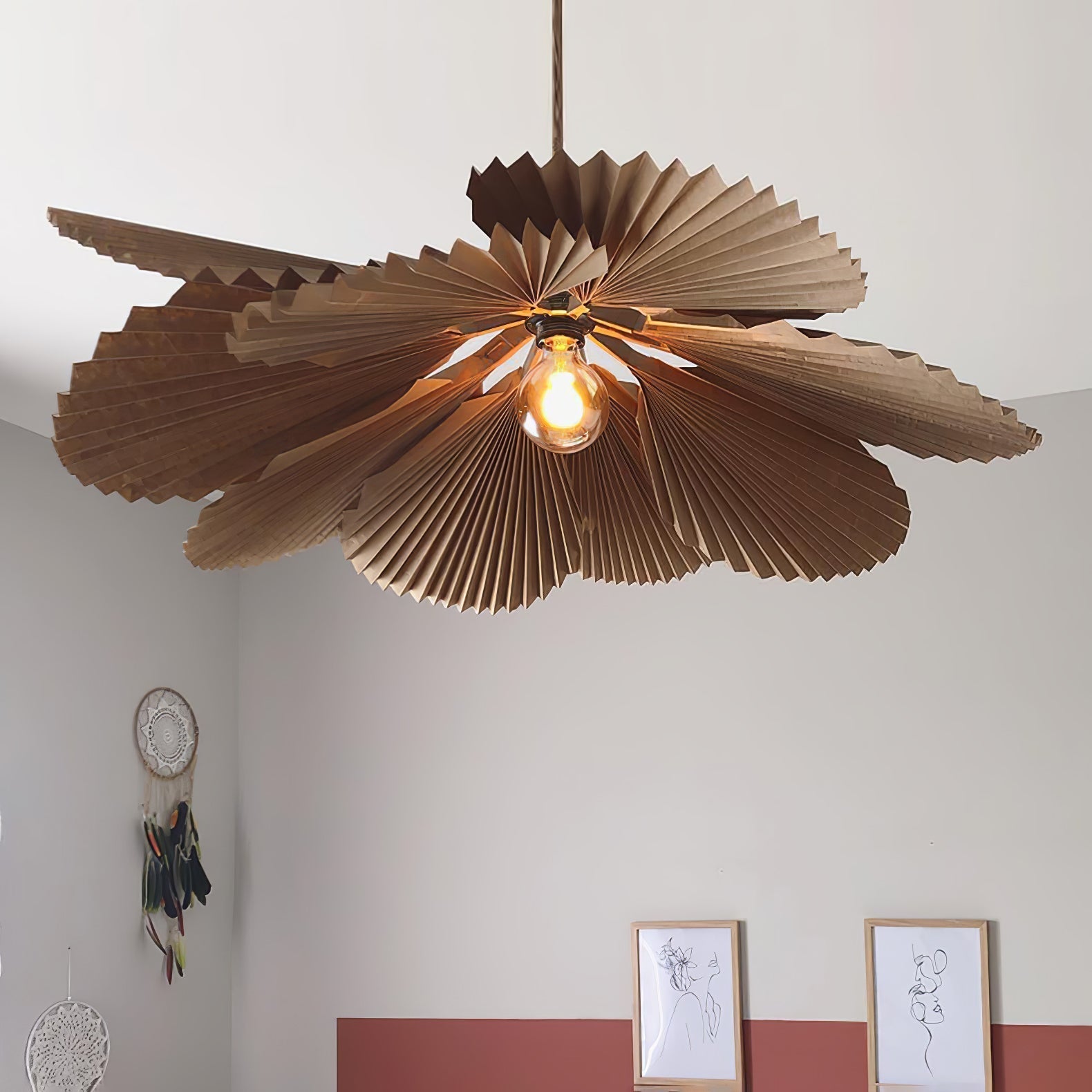Brown Folded Paper Lotus Leaf Pendant Lamp Multi Layered Floral Sculptural Hanging Light