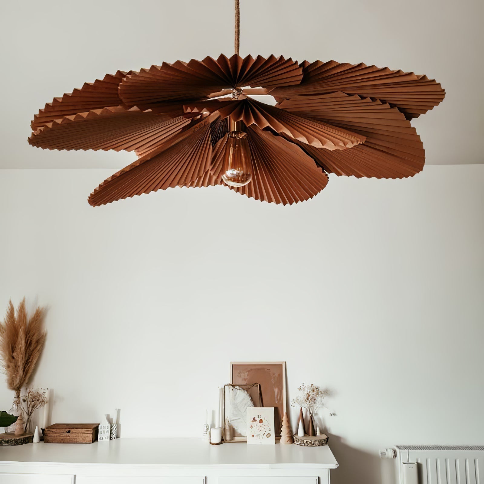 Brown Folded Paper Lotus Leaf Pendant Lamp Multi Layered Floral Sculptural Hanging Light