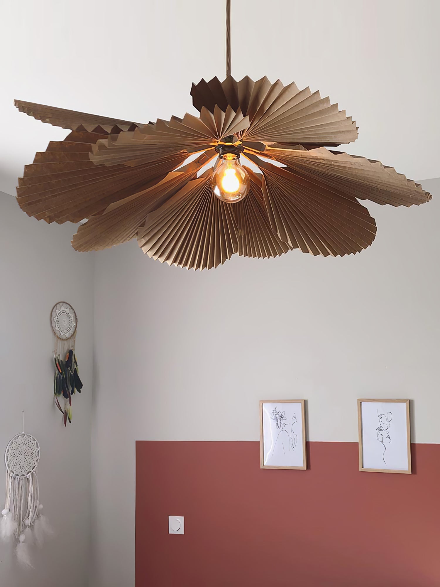 Brown Folded Paper Lotus Leaf Pendant Lamp Multi Layered Floral Sculptural Hanging Light