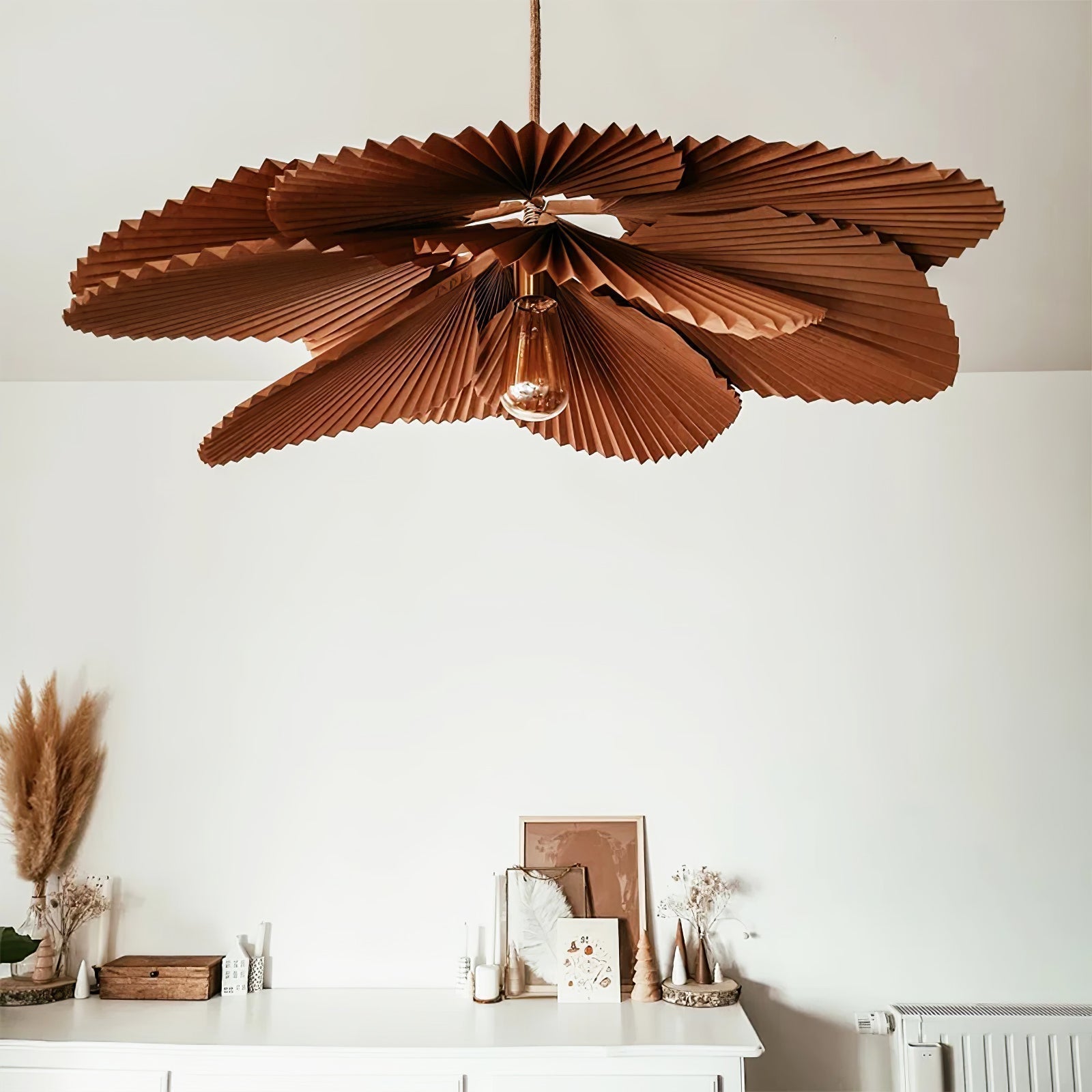 Brown Folded Paper Lotus Leaf Pendant Lamp Multi Layered Floral Sculptural Hanging Light