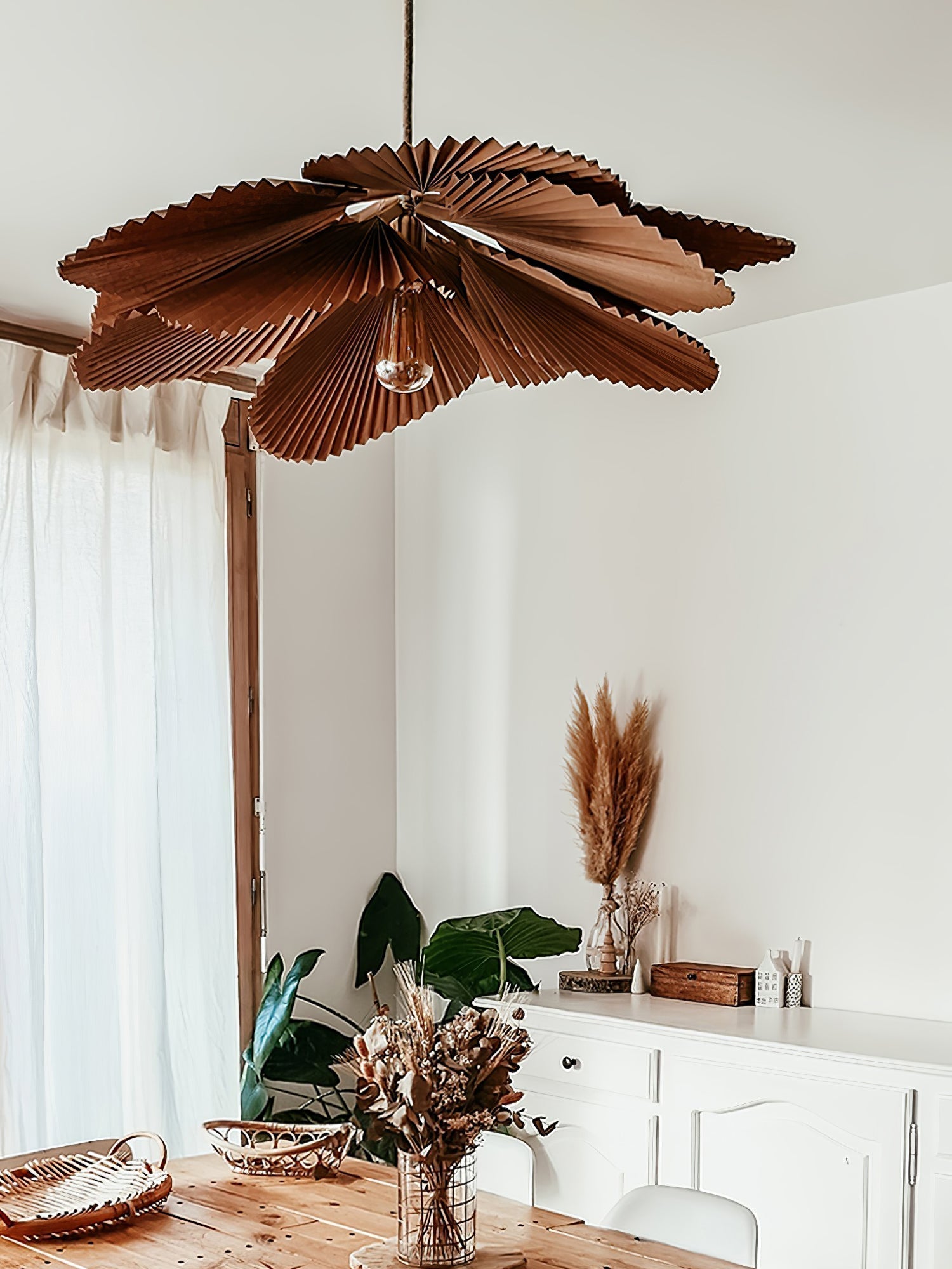 Brown Folded Paper Lotus Leaf Pendant Lamp Multi Layered Floral Sculptural Hanging Light