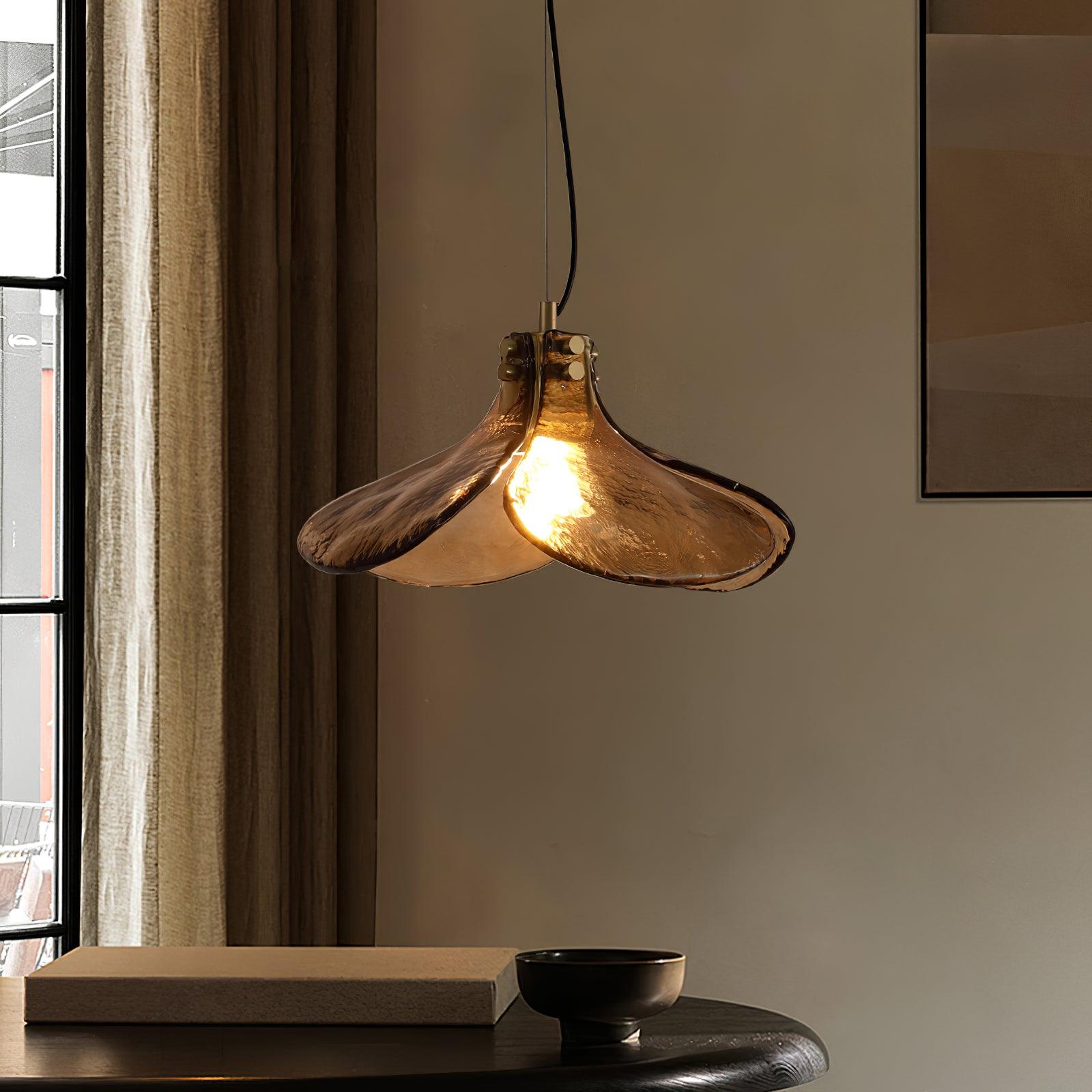 Brown Leaf Shaped Handmade Glass Pendant Light with Brass Finish Art Nouveau Style