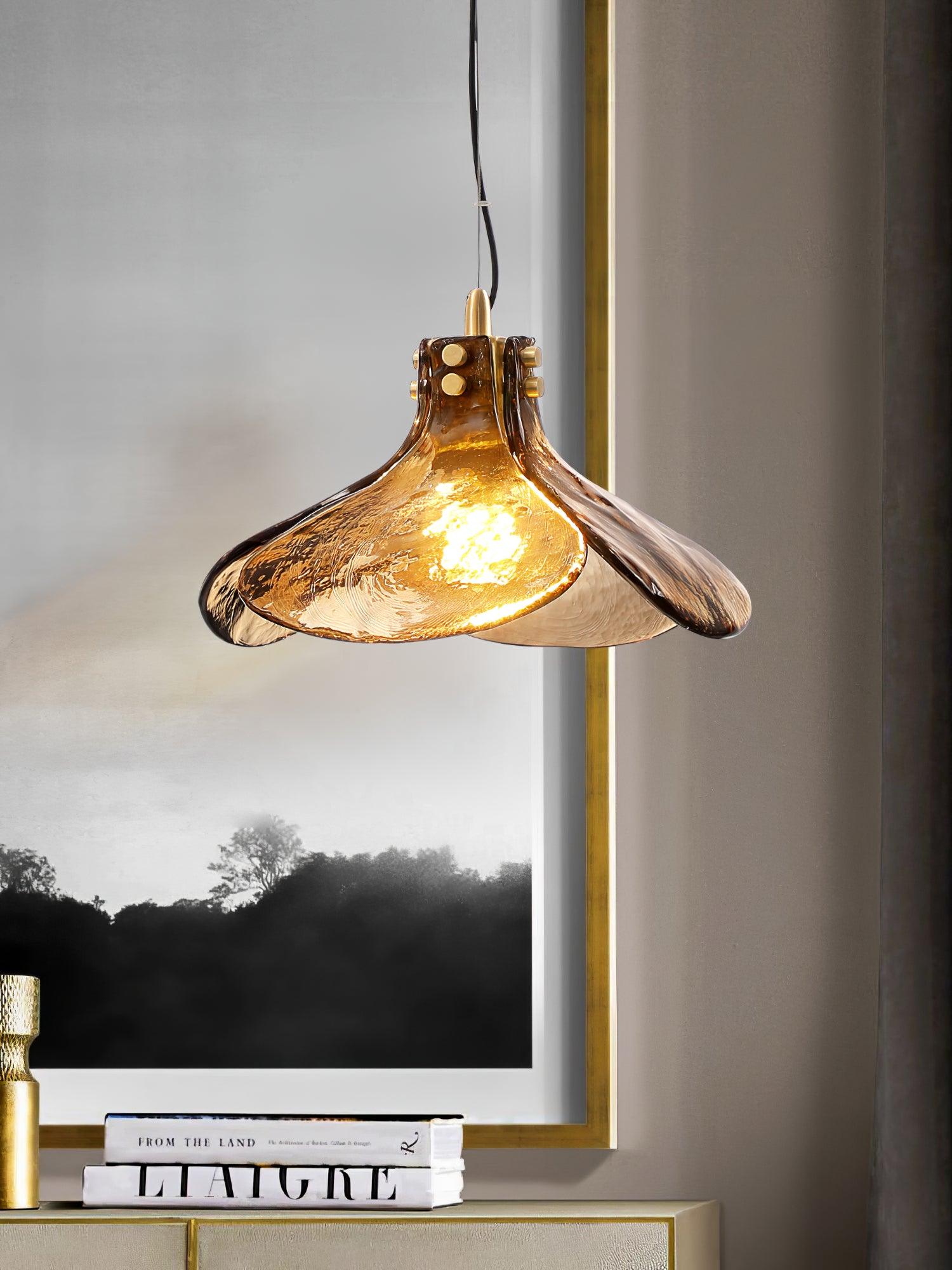 Brown Leaf Shaped Handmade Glass Pendant Light with Brass Finish Art Nouveau Style