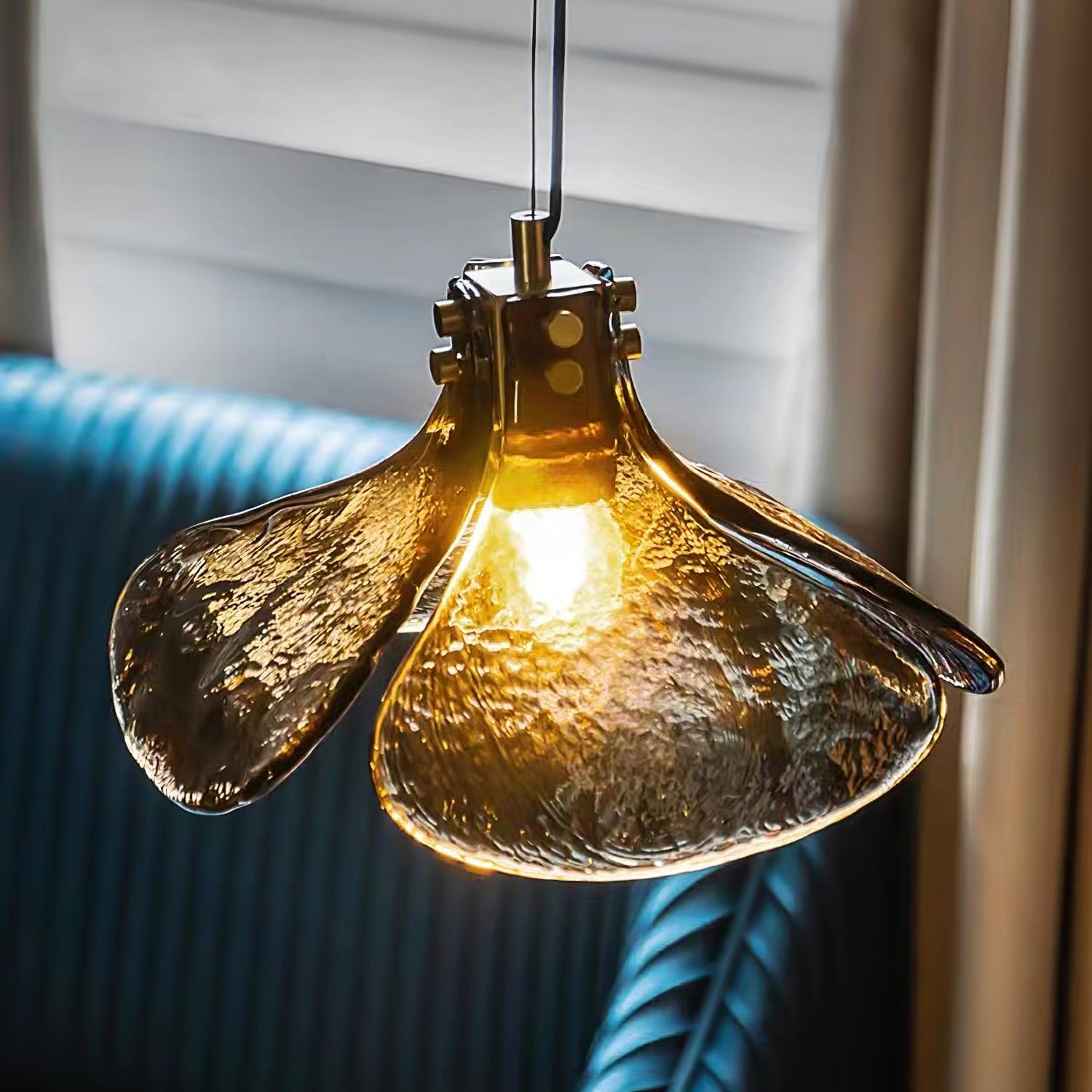 Brown Leaf Shaped Handmade Glass Pendant Light with Brass Finish Art Nouveau Style