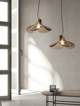 Brown Leaf Shaped Handmade Glass Pendant Light with Brass Finish Art Nouveau Style