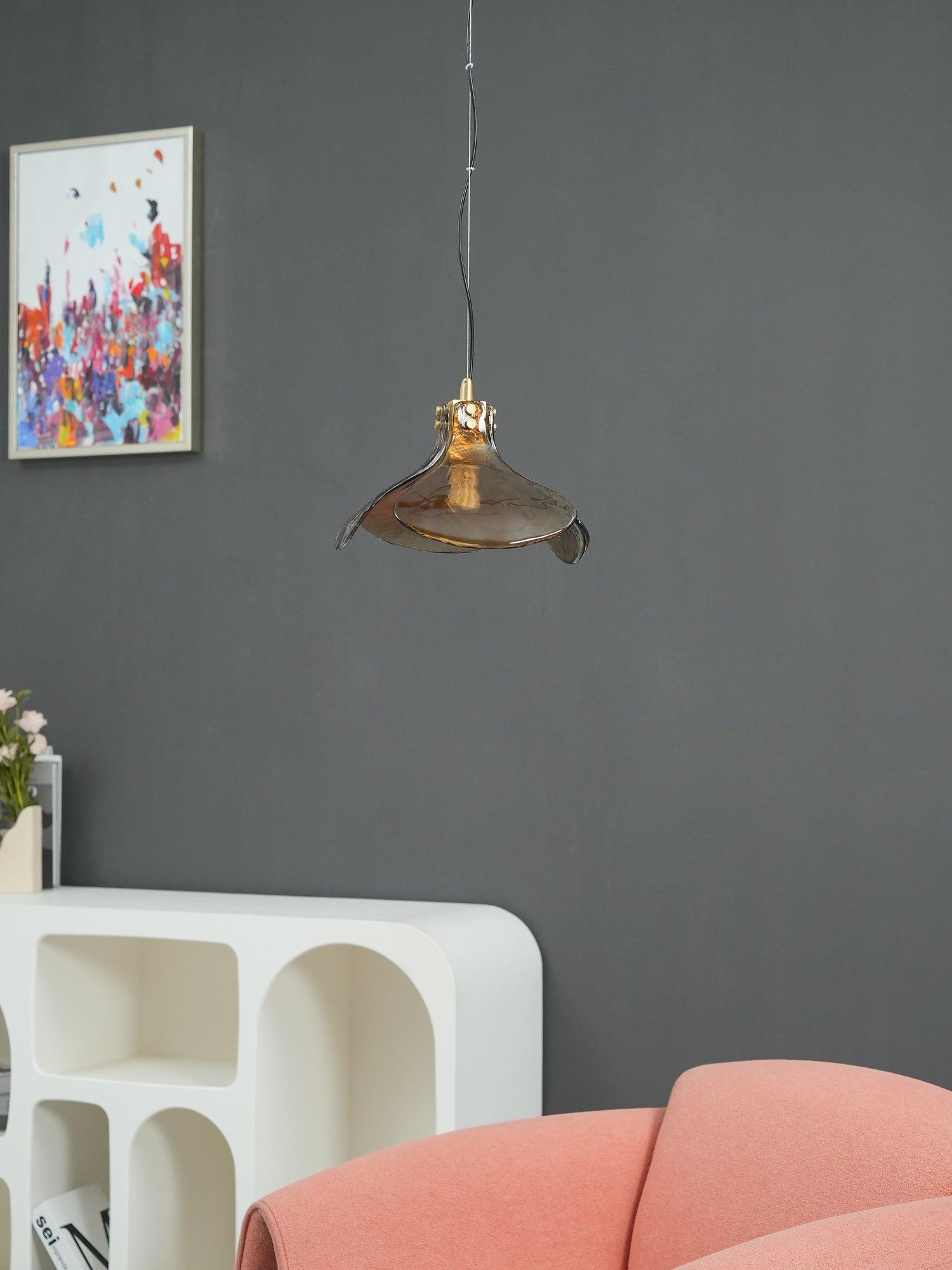Brown Leaf Shaped Handmade Glass Pendant Light with Brass Finish Art Nouveau Style