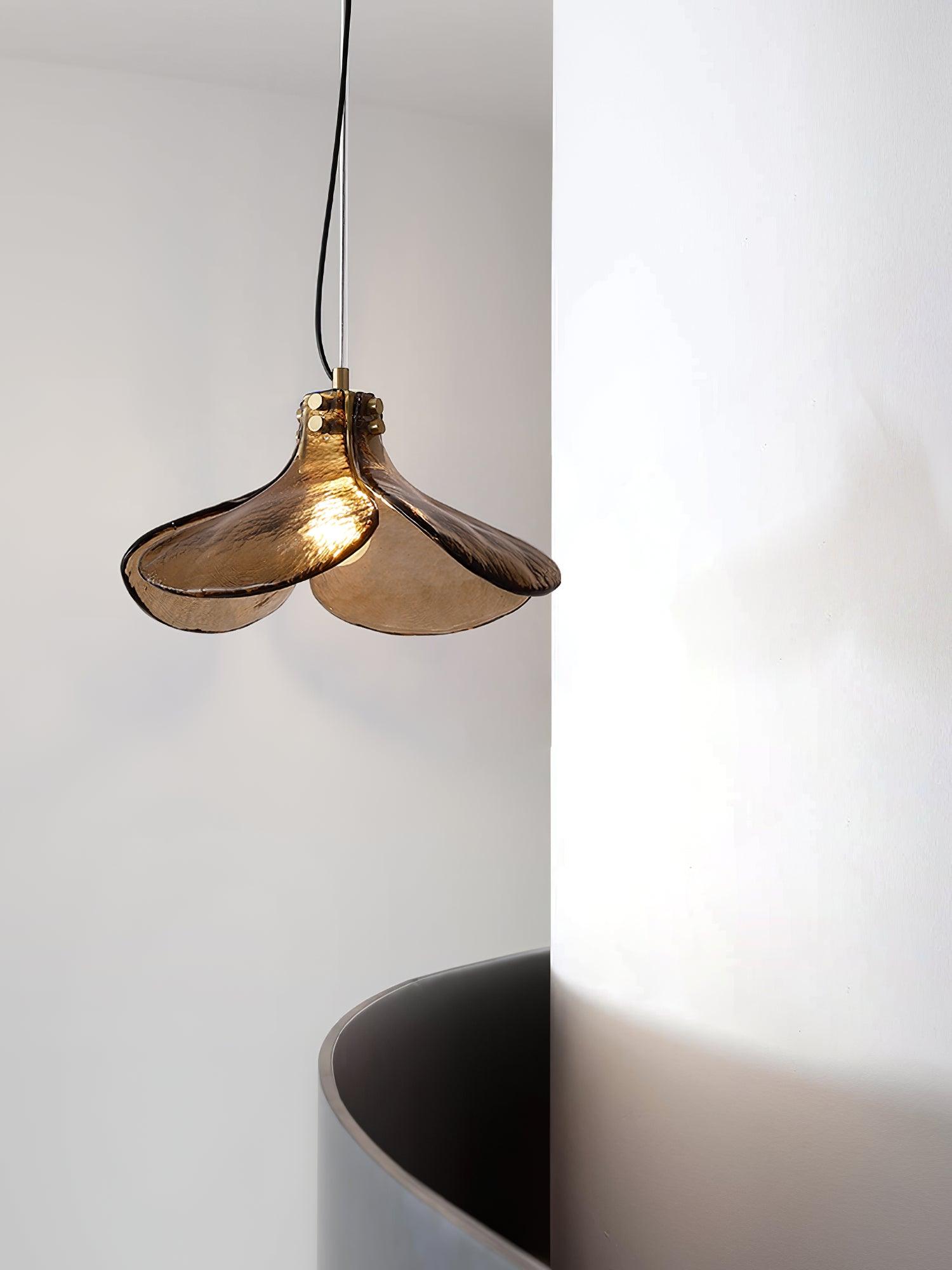 Brown Leaf Shaped Handmade Glass Pendant Light with Brass Finish Art Nouveau Style