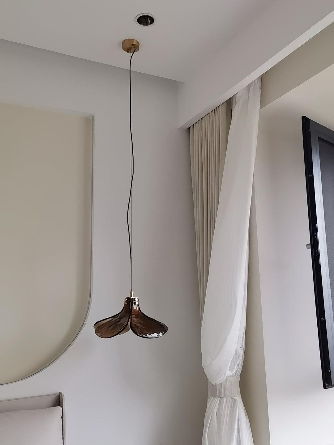 Brown Leaf Shaped Handmade Glass Pendant Light with Brass Finish Art Nouveau Style