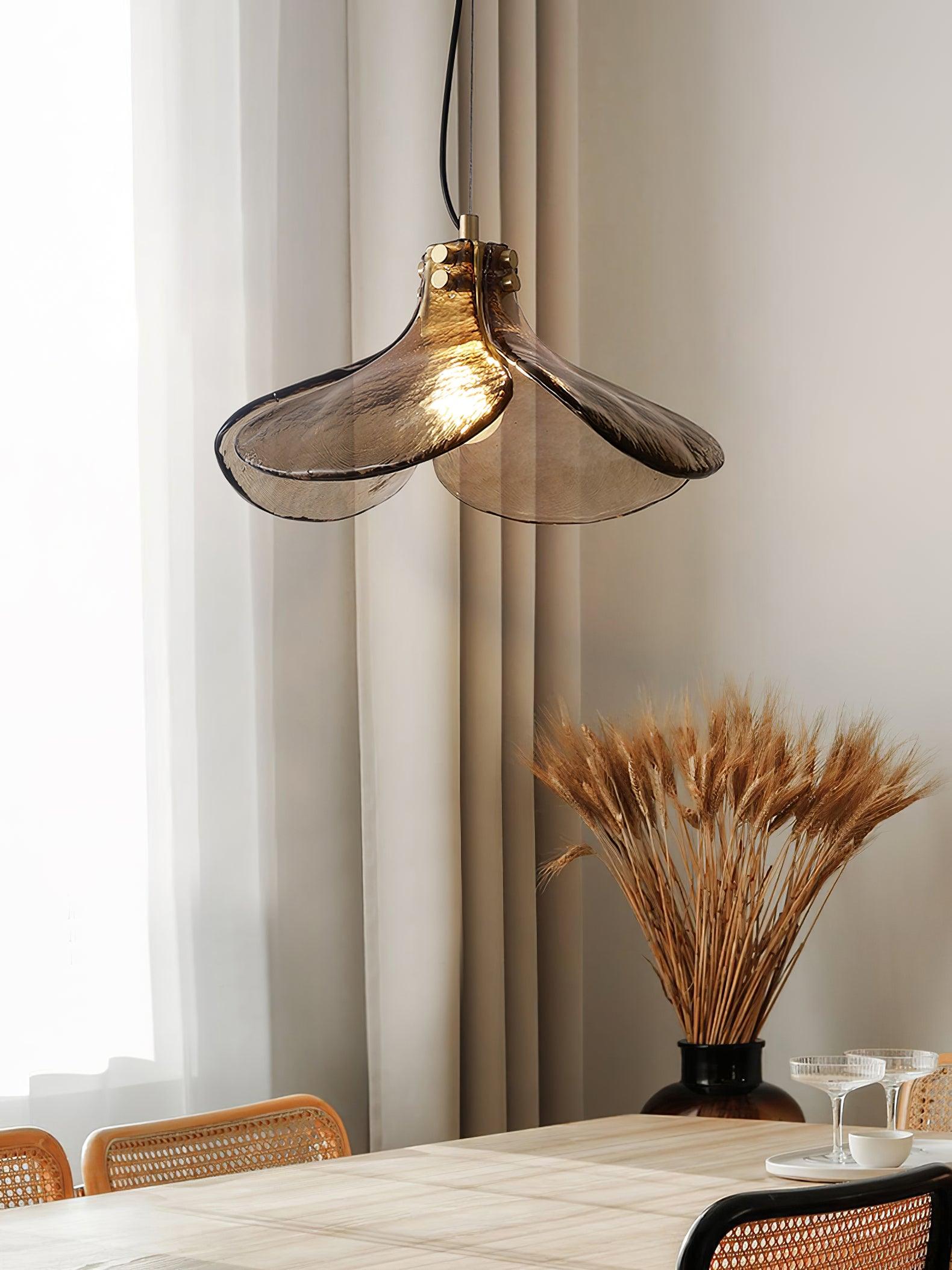 Brown Leaf Shaped Handmade Glass Pendant Light with Brass Finish Art Nouveau Style