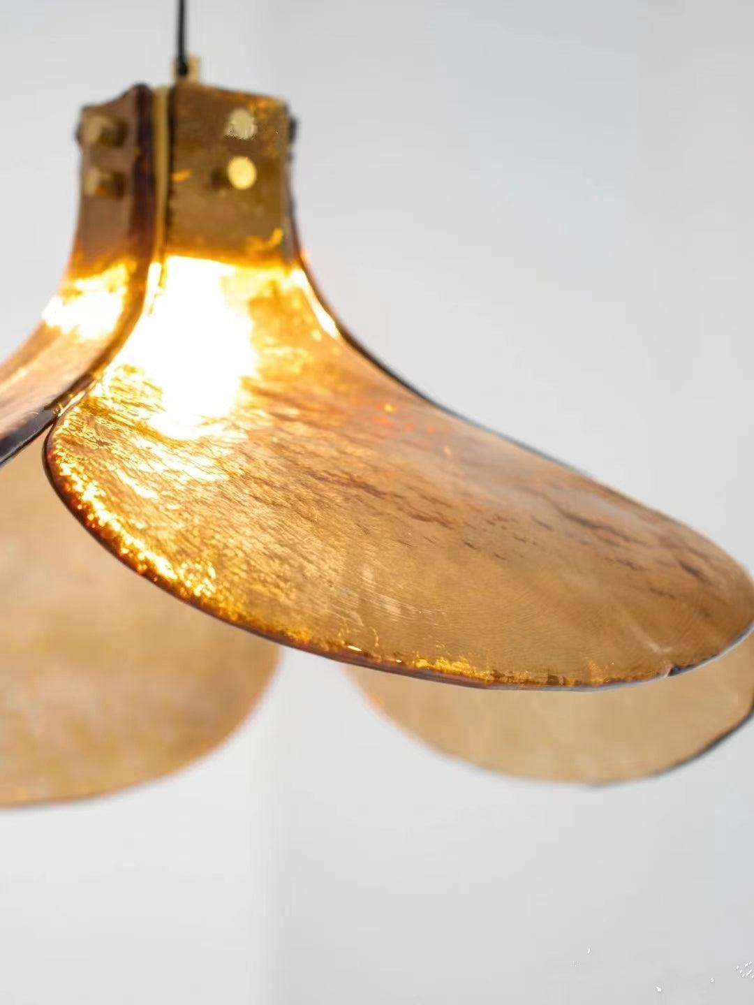 Brown Leaf Shaped Handmade Glass Pendant Light with Brass Finish Art Nouveau Style