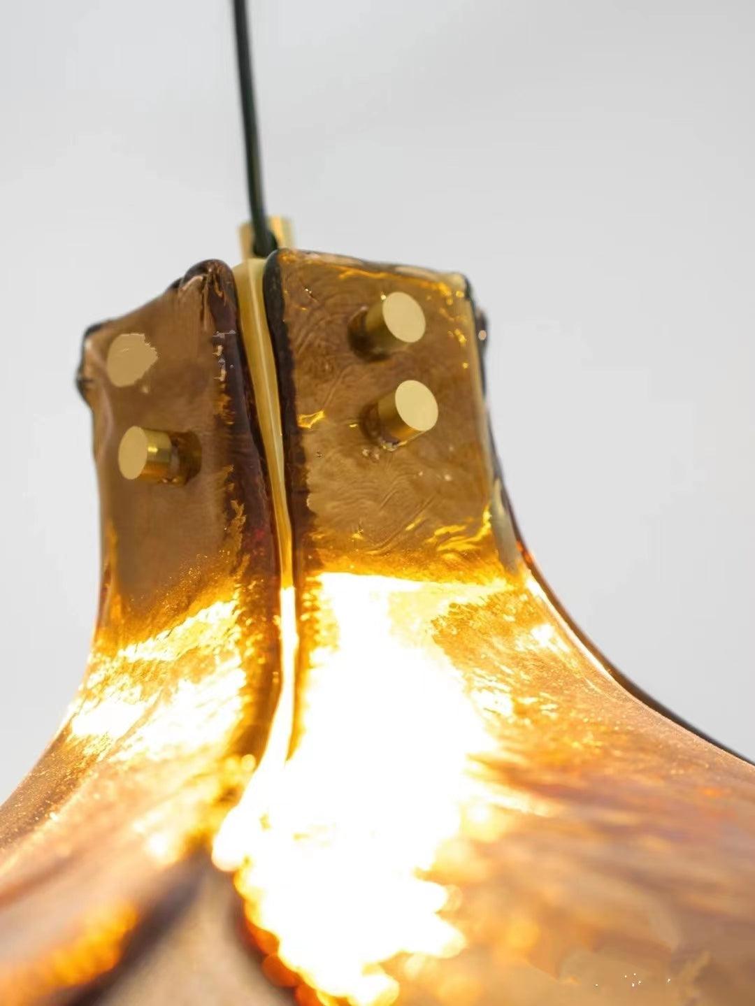Brown Leaf Shaped Handmade Glass Pendant Light with Brass Finish Art Nouveau Style
