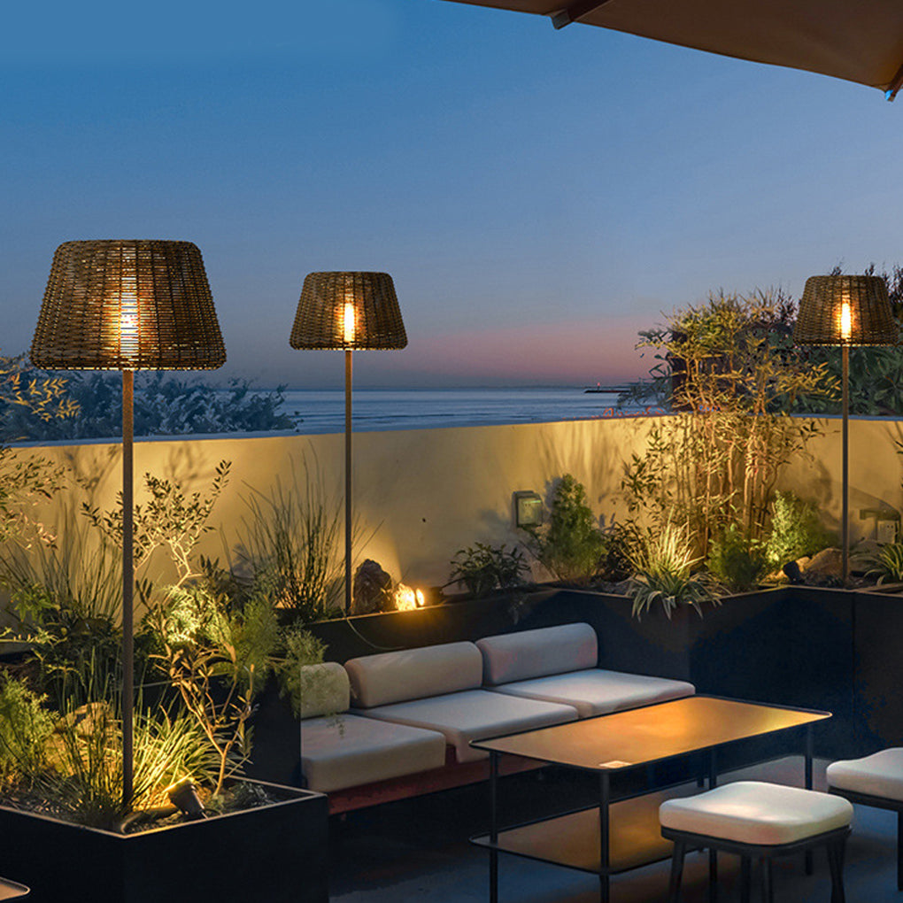 Brown Rattan LED Outdoor Floor Lamp with Ground Stake for Garden Pathway Landscape Lighting