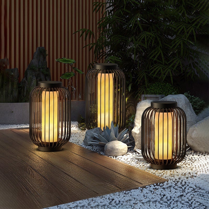 Brown Stainless Steel Caged Outdoor Floor Lantern Modern Exterior Garden Lamp for Patio and Yard