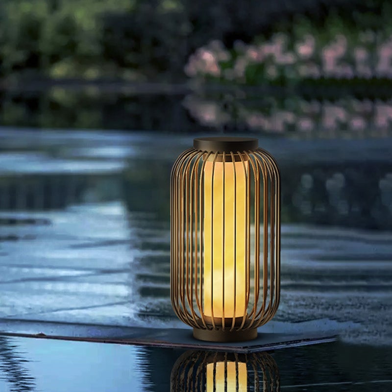Brown Stainless Steel Caged Outdoor Floor Lantern Modern Exterior Garden Lamp for Patio and Yard