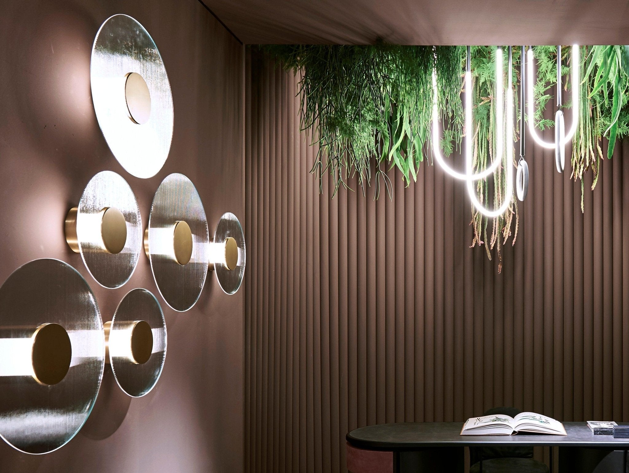 Button Modern Striped Glass Wall Sconce Satin Brass LED Indoor Lighting Fixture