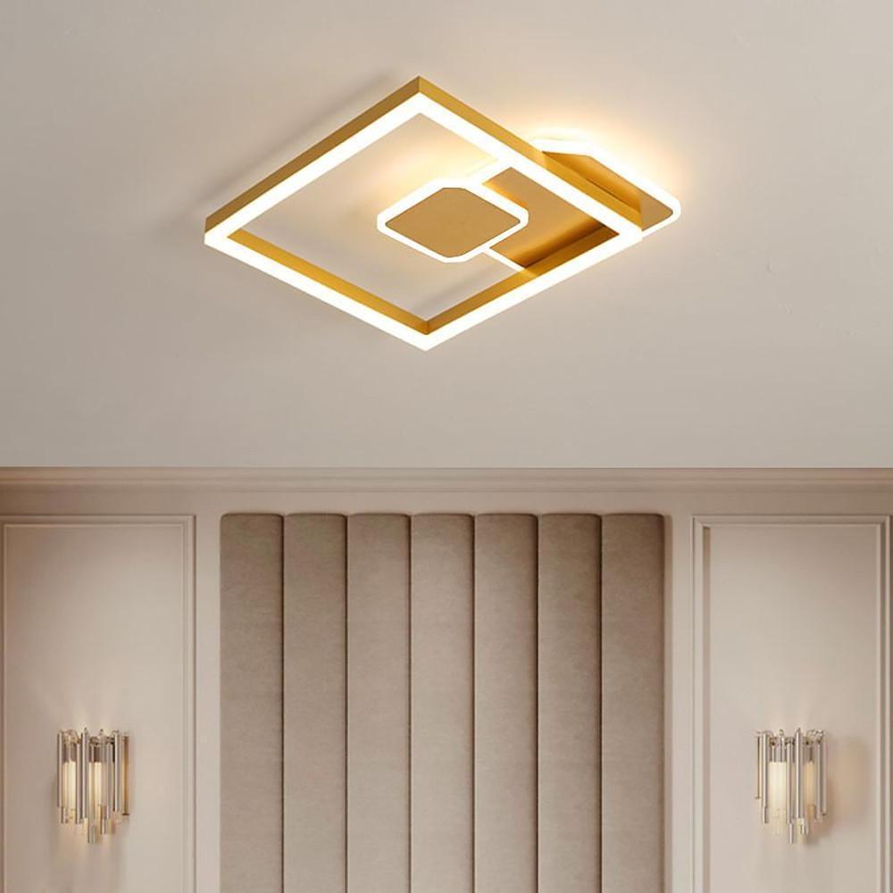 Modern Geometric Square Dimmable LED Flush Mount Ceiling Light Fixture for Living Room Bedroom Gold Coffee