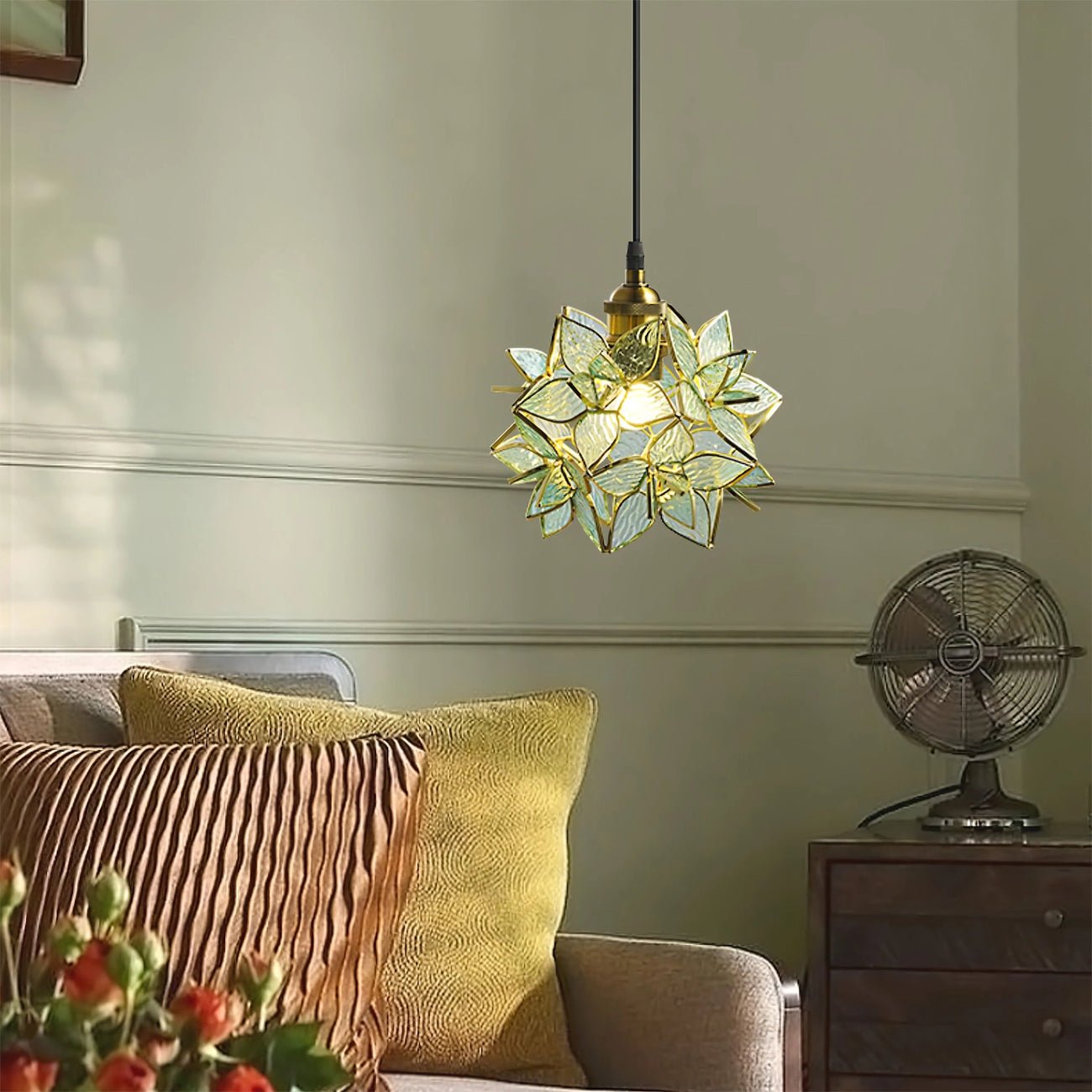 Capiz Shell Flower Sphere Pendant Light Brass Hanging Lamp for Dining Room