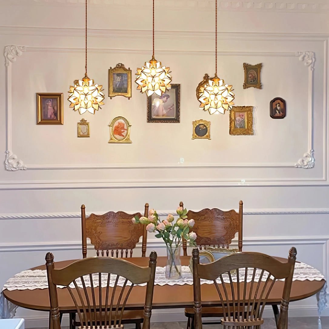 Capiz Shell Flower Sphere Pendant Light Brass Hanging Lamp for Dining Room