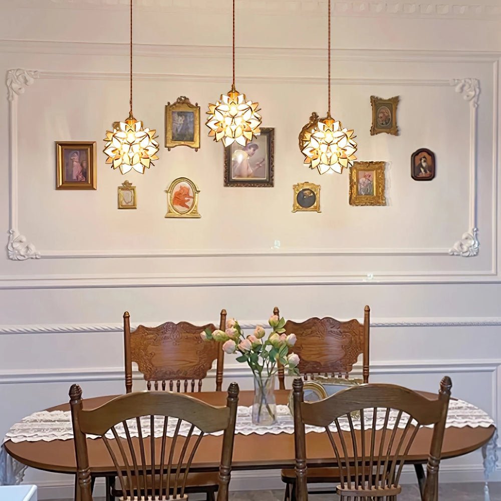 Capiz Shell Flower Sphere Pendant Light Brass Hanging Lamp for Dining Room