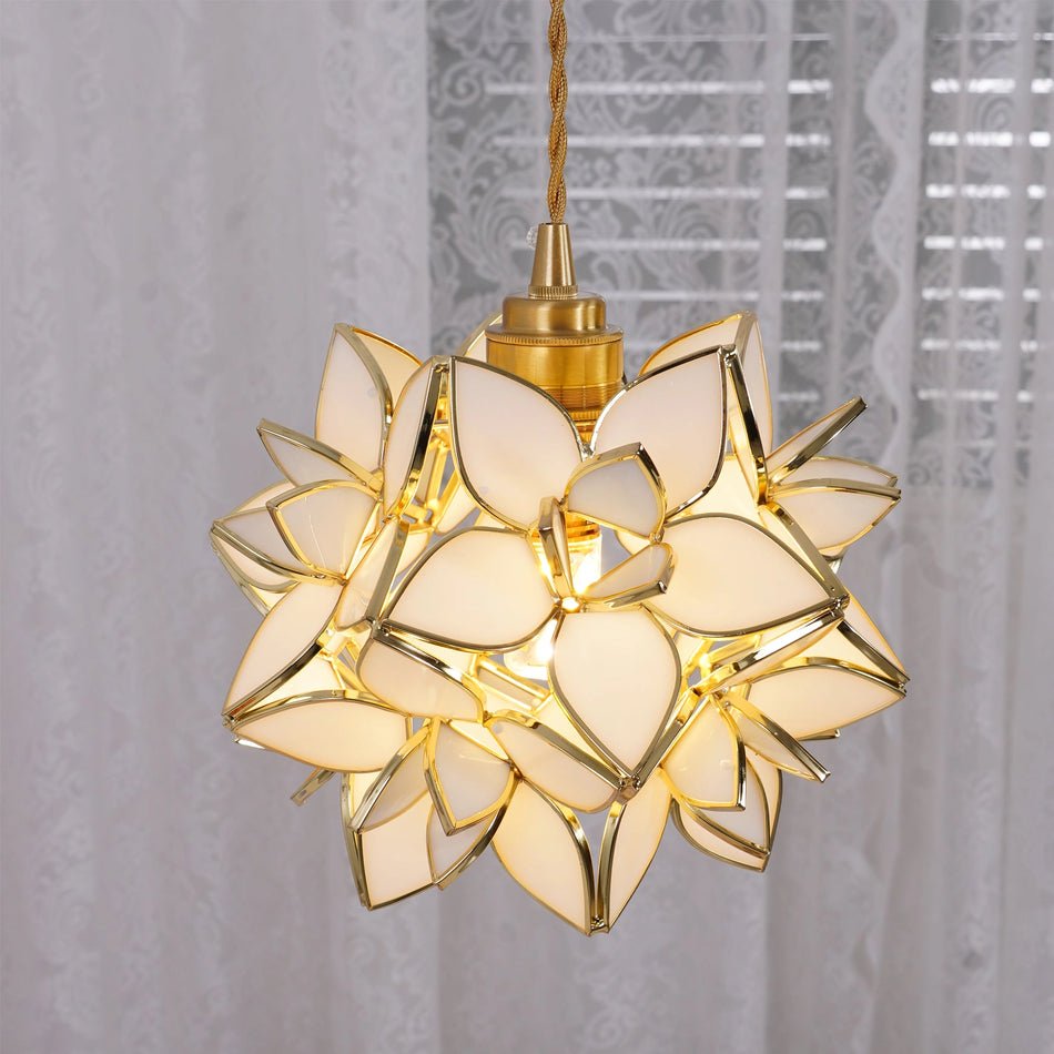 Capiz Shell Flower Sphere Pendant Light Brass Hanging Lamp for Dining Room